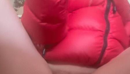 Red Puffy Down Jacket Vibrator And Dildo Masturbation