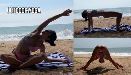Hatha yoga and balance in bikini at the ocean