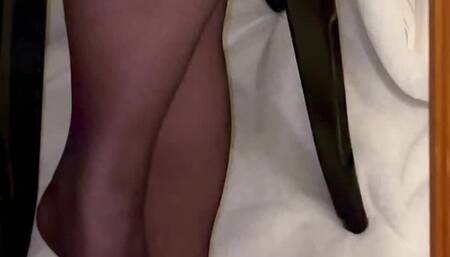 Pink Fluffy Slipper Mule in Stockings with barefeet with pink toenail reveal at the end