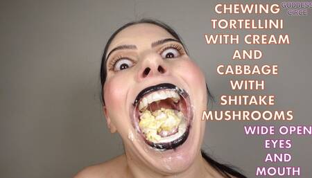 CHEWING TORTELLINI WITH CREAM AND CABBAGE WITH SHITAKE MUSHROOMS - WIDE OPEN EYES AND MOUTH (Video request)