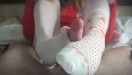 Christmas Sockjob in Cute White Socks and White Pantyhose