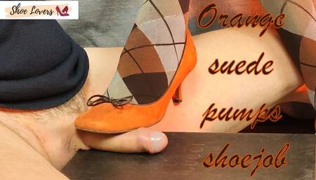 Orange suede pumps and diamond tights cock crush shoejob