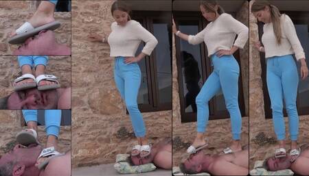 GABRIELLA - After the beach 3 - INHUMAN body throat and face trampling with slippers, dirty soles licking (BRUTAL CLIP!)