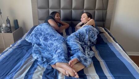 Natasha Ty & Honey Dew Cuddle & Play Footsies Under Blanket | Barefoot Girls | Interracial | Asian | Ebony