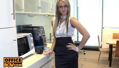 POV - Horny blonde office slut Aleska Diamond drinks your cum
