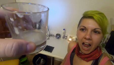 She drinks 11 loads of collected cum from a glass