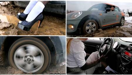 HOT PREMIERE: Car stuck in deep soft mud driving Mini Cooper