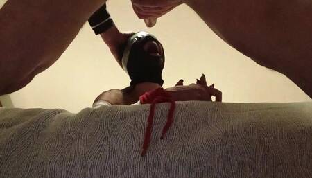 Bound and Hooded with Pantyhose and Heels, I Have My Mouth Fucked for 20 Minutes with Oral Creampie