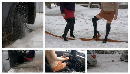 PREMIRE: Crazy tug of war with two sexy girls in high heel latex leather boots