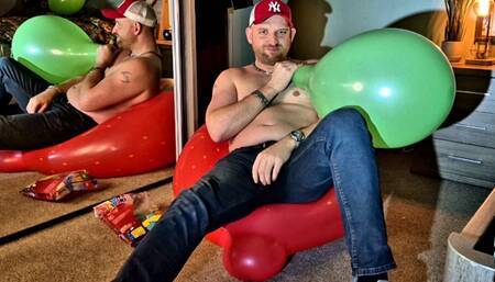 Tom blows to pop laying on top of a big balloon