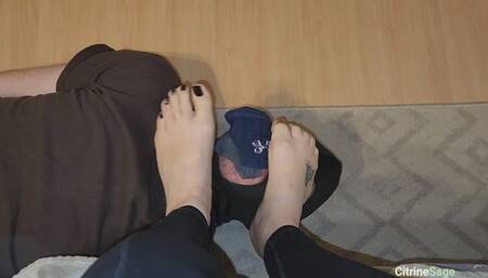 Foot slave gags on my sweaty socks and worships my feet