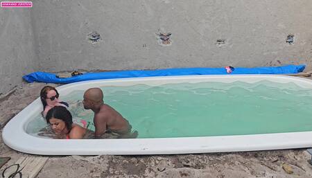 Jerking Off In The Pool And Fucking Two Hotties With Cum Inside