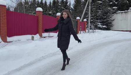 Stilettos on ice, high heels on ice, high heels on slippery snow, high heels sliding on ice, heels on ice