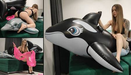 Beauty Chloe rides inflatables and then destroys them into pieces