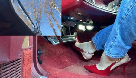 Cranking and revving the tbird in red high heels with no pantyhose