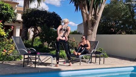 The Pool Voyeur: Sexy ladies put on a latex catsuit