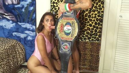 BIG BOOB BABE VS PORNSTAR CHAMPION IN MAN VS WOMEN FULL NELSON WRESTLING HOLD CHALLENGE MATCH & BLOWJOB