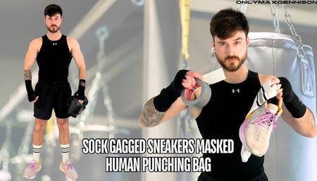 Sock gagged sneaker masked human punching bag