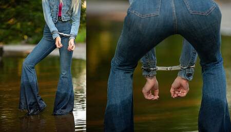 Locked up walking through water in my flared denim jeans