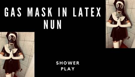 gas mask in latex nun play shower
