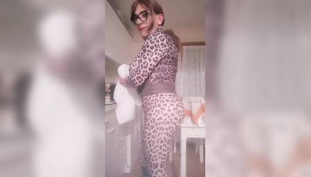 Crossdresser Dressed in Leopard Print Showing off Her Curves.