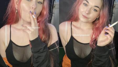 Smoking in a fishnet top with see through cleavage - Smokingrapunzel
