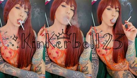 Chainsmoking slim White Vouge cigarettes in Orange lingerie - kinkerbell23