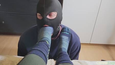Foot slave sucks on my sweaty socks and licks my sweaty feet clean after a long hike