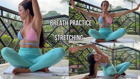 Breath practice and express stretch on outdoor balcony
