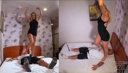 Buff Blondi Bare Feet Trample on Slave - Above and Rear Views 4K