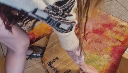 Crushing big boxes in black Nylons and with Birkenstock Madrid