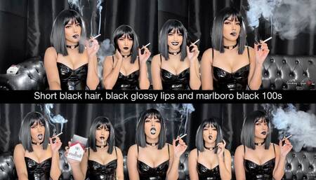 Short black hair, glossy black lips, smokers cough and marlboro black 100s!