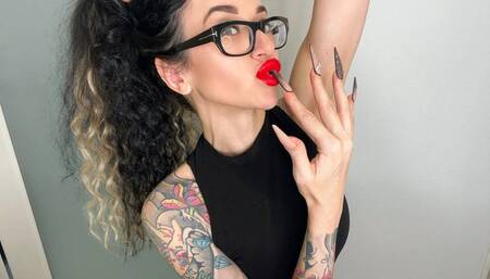 Long Nails and fishnets gloves, sucking fingers, red lips and long hair