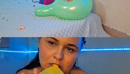 stepping on balloons, gently touching the balloons