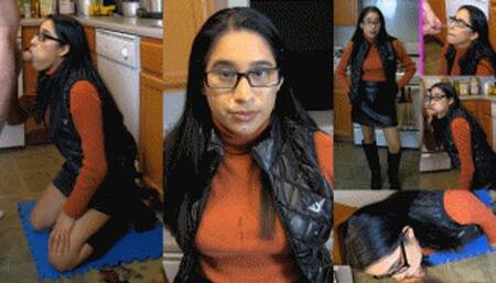 eRica sucks the painters cock and takes a facial while wearing her tight turtleneck, shiny black puffer vest, & leather skirt!