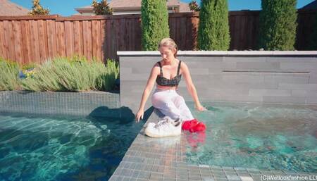 Kate's Morning Swim Wearing White Jeans, Top and Sneakers