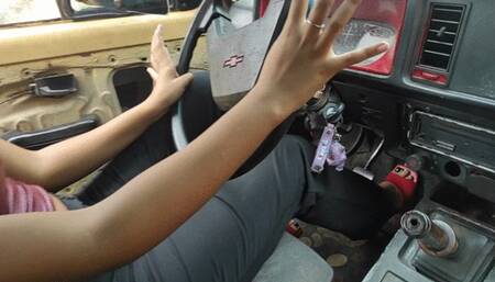 Kendall with her high heels pumps vintage car pedals (5)