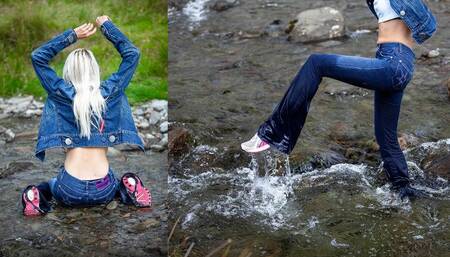 Skinny flared jeans in river - wet walk in denim