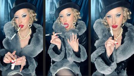 Smoking marlboro red 100 filterless with a holder in fur