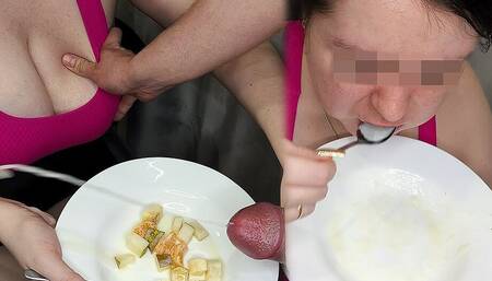 Hot Mom Eats Cum with Food After Sucking