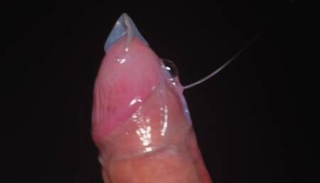 Blowjob in a Condom Very Close up. Red Lips Caress and Lick the Penis.