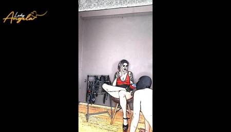 Lady Angela male submissive worshiping my pleaser heels extreme high heels foot tattoo pedicured toes femdom