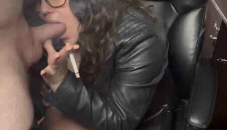 Watch her smoke and suck my cock will she spit or swallow