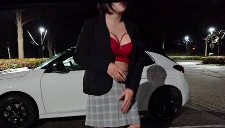 Piss in Microstring with Fake Mask and Huge Breasts Outdoor