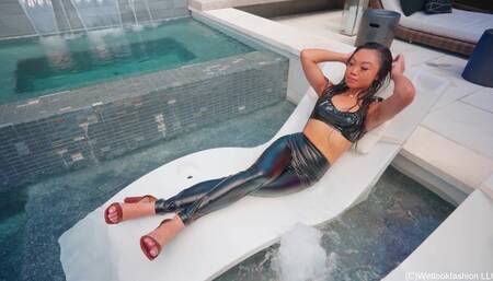 Christy Gets Wet in a Faux Leather Outfit and High Heels