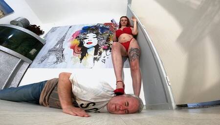 Red Lace Bra & Panties With Red Platform Mary Jane High Heels FLOOR CAM