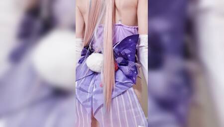 Tender Sangonomiya Kokomi with Bunny Ears and Latex Bodysuit Teases with Her Cute Ass in Fishnets