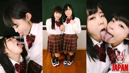 POV!! Double Lesbian Tongue Kiss with Long and Playful Schoolgirl Style - Hikari MANGETSU and Ena YUZURIHA