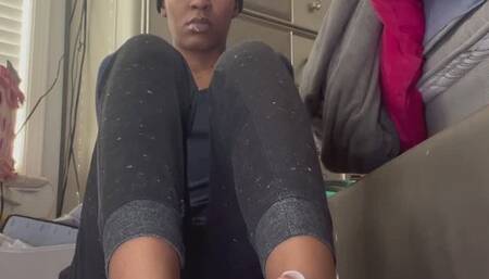 Goddess Yemayá showing off her juicy pink size 13 soles and perfect sexy white polished long ebony toes