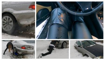 CRAZY CAR STUCK: Emily with vibrator in pussy got her BMW stuck in snow hard
